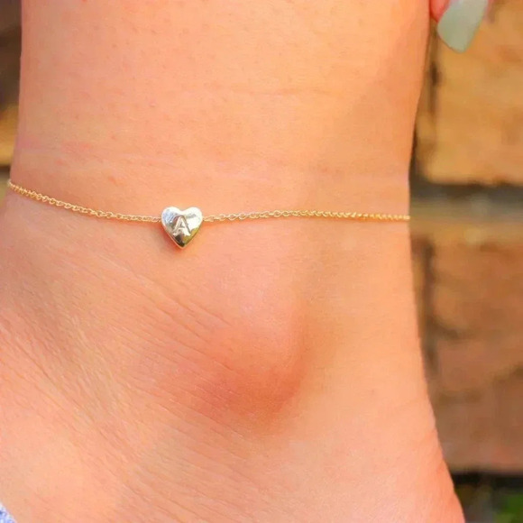 ▶ HEART CHARM PERSONALIZED CUSTOM DAINTY GOLD INITIAL ANKLET GIRL TEEN,ELDM22225 - Picture 9 of 16